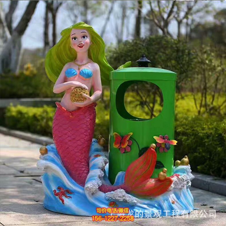 公園街道邊帶垃圾桶的玻璃鋼彩繪美人魚(yú)雕塑